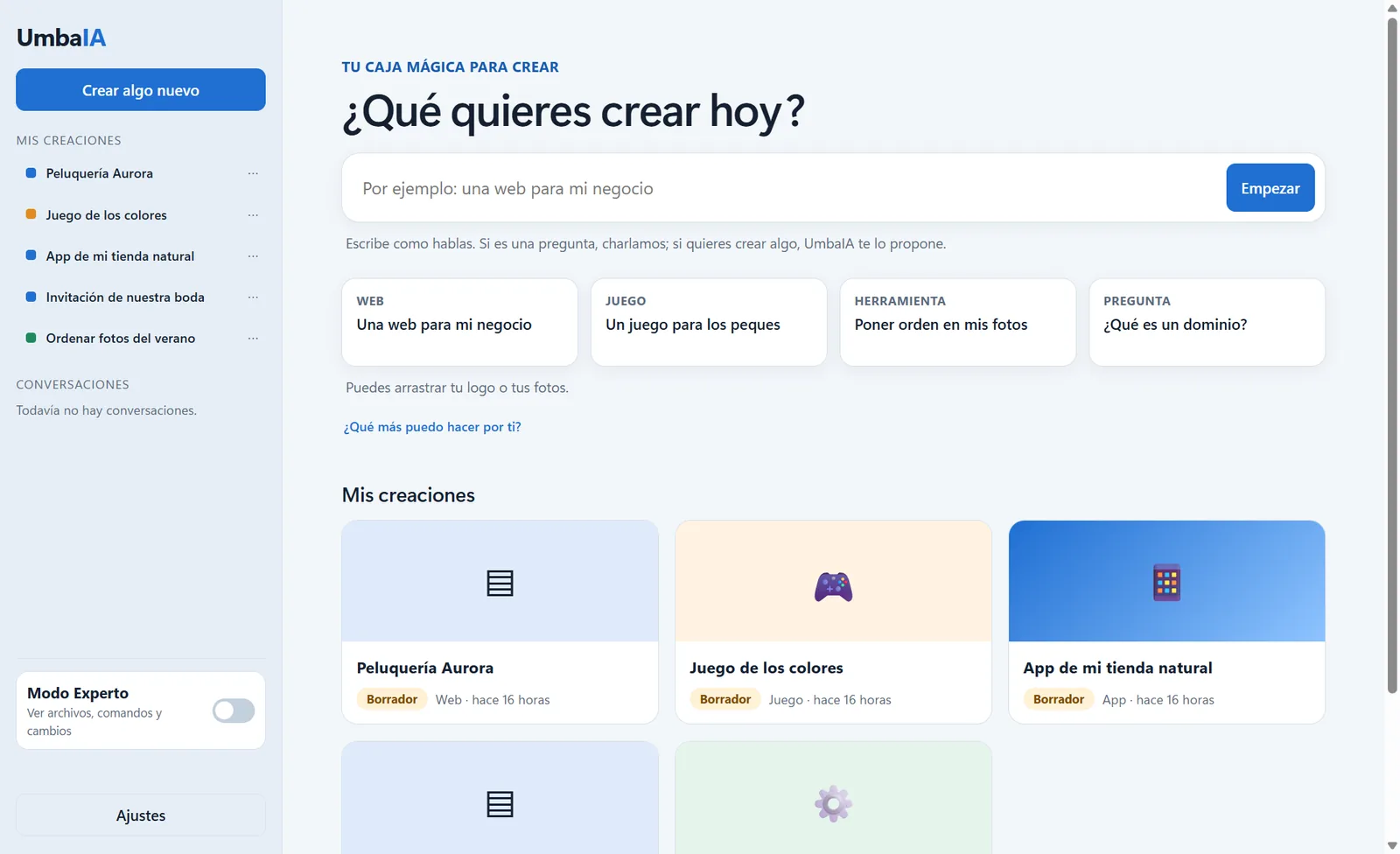 Pantalla de inicio de UmbaIA con la pregunta «¿Qué quieres crear hoy?» y las creaciones guardadas.