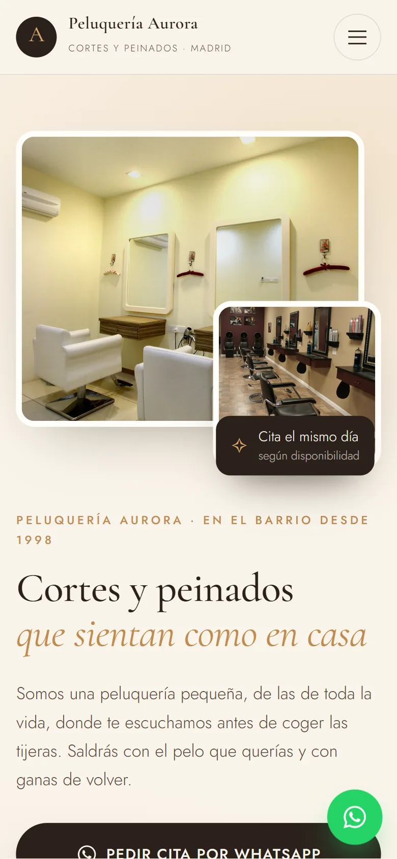 La misma web de peluquería vista en la pantalla de un móvil.